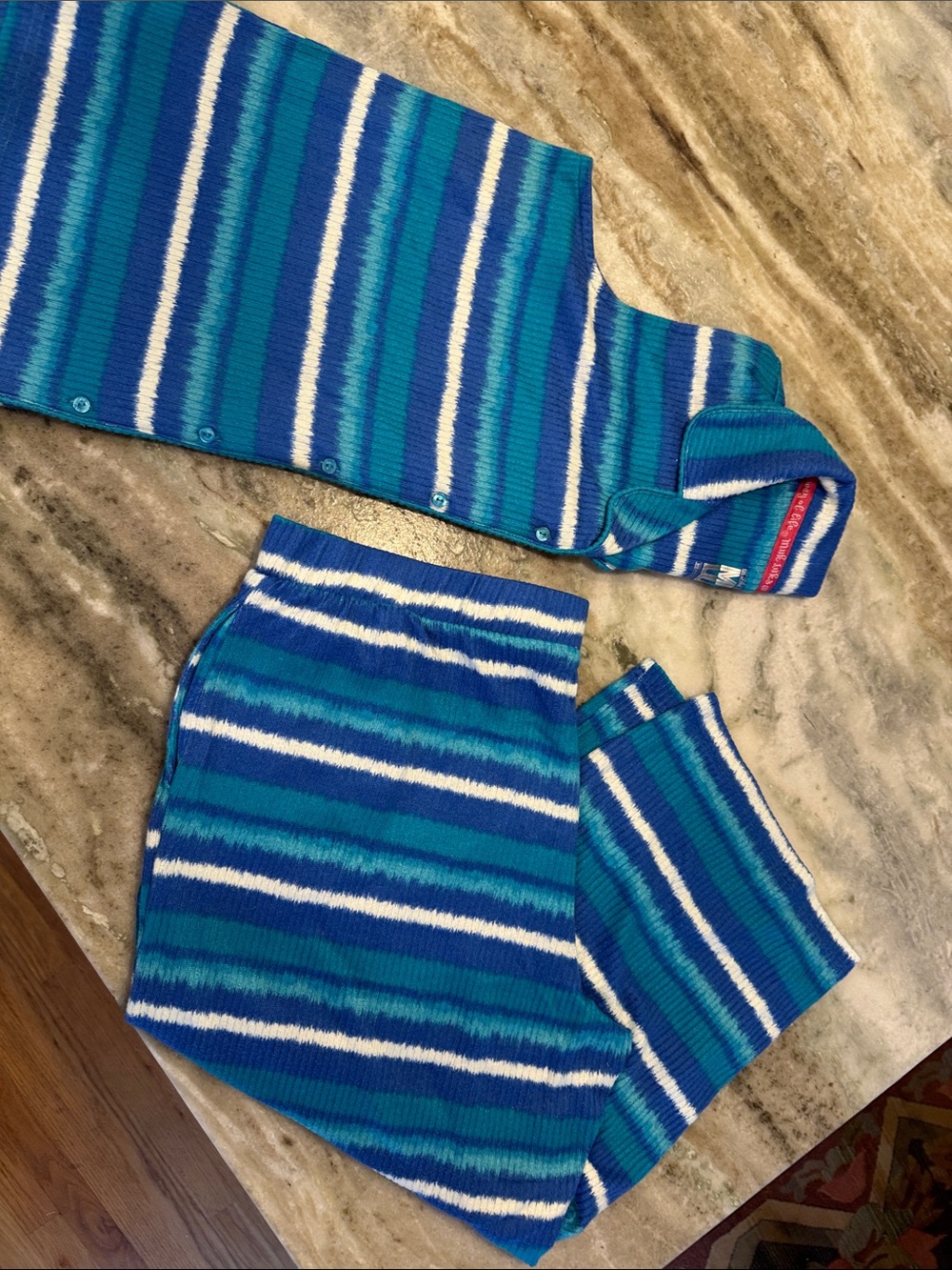 Muk Luks Striped Blue And Teal Knit Pajama Set